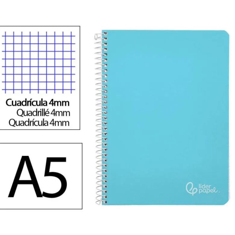CUADERNO ESPIRAL LIDERPAPEL DIN A5 WITTY TAPA DURA 80H 90GR CUADRO 4MM CON MARGEN COLOR AZUL