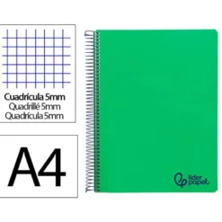 CUADERNO ESPIRAL LIDERPAPEL A4 MICRO WONDER TAPA PLASTICO 120H 90GR CUADRO 5MM 5 BANDAS 4 TALADROS COLOR VERDE OSCURO