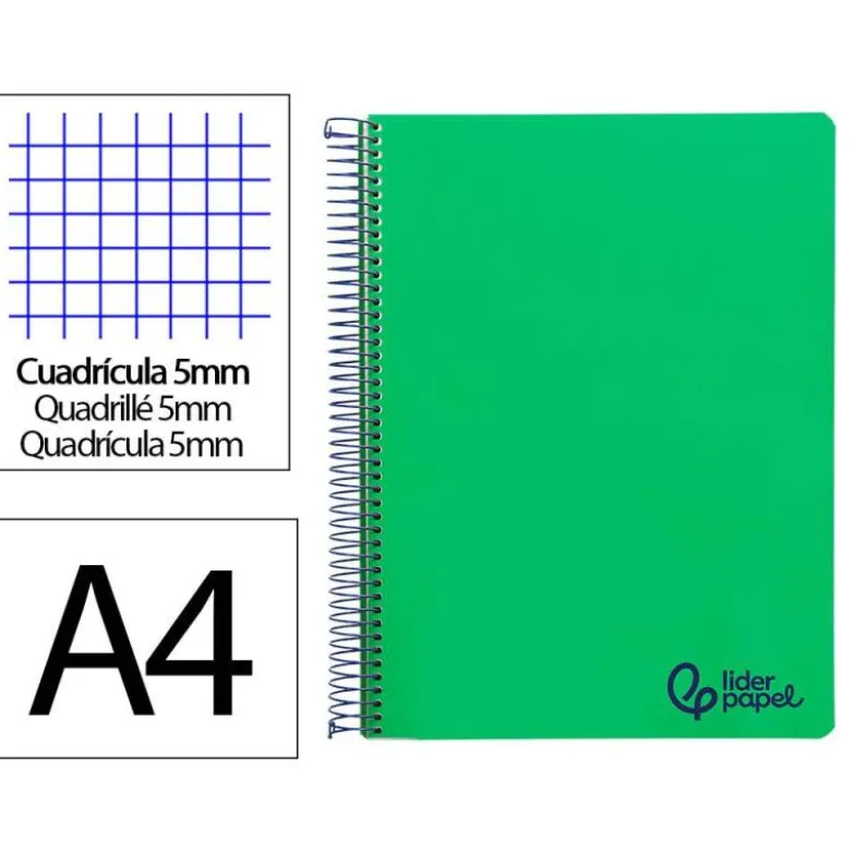 CUADERNO ESPIRAL LIDERPAPEL A4 MICRO WONDER TAPA PLASTICO 120H 90GR CUADRO 5MM 5 BANDAS 4 TALADROS COLOR VERDE OSCURO