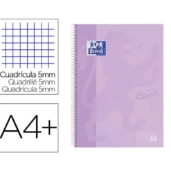 CUADERNO ESPIRAL OXFORD DIN A4+ 80 HOJAS CUADRO 5 MM CON MARGEN MALVA PASTEL