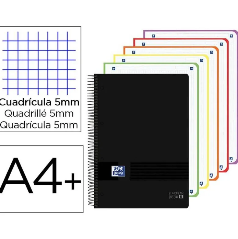 CUADERNO ESPIRAL OXFORD EUROPEANBOOK 5 TAPA PLASTICO DIN A4+ 120 HOJAS CUADRO 5 MM COLOR NEGRO