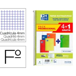Cuaderno espiral oxford tapa extradura folio 80 hojas cuadro 4 mm con pizarra blancapack 4+1 colores surtidos