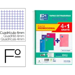 Cuaderno espiral oxford tapa extradura folio 80 hojas cuadro 4 mm con pizarra blancapack 4+1 colores surtidos