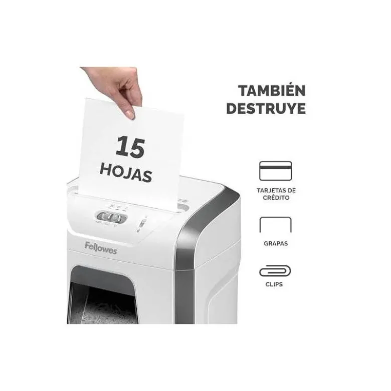 DESTRUCTORA DE DOCUMENTOS FELLOWES 15C CAPACIDAD 15H SEGURIDAD P4 GRAPAS CLIPS Y TARJETAS PAPELERA 19 L