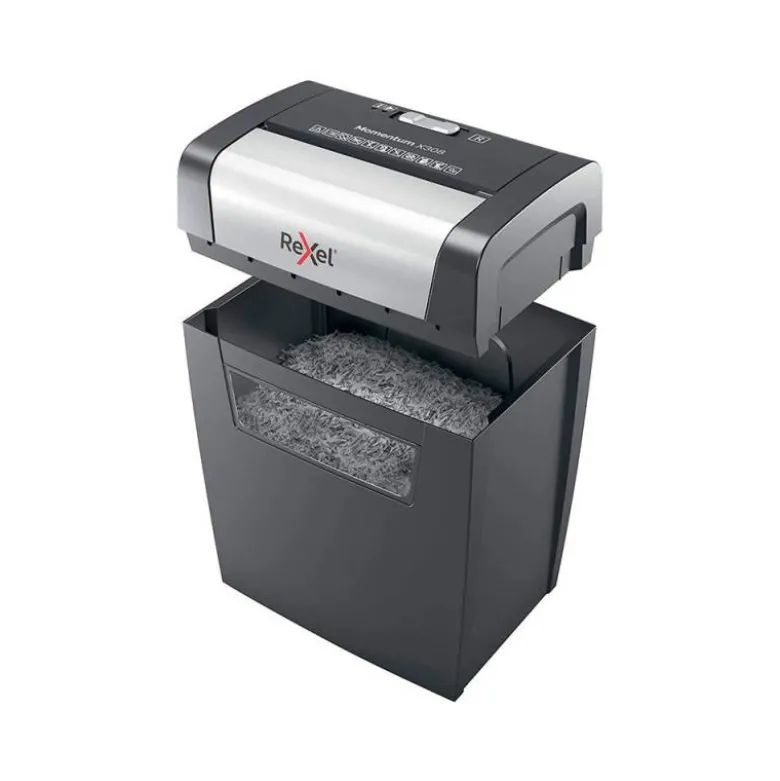 DESTRUCTORA DE DOCUMENTOS REXEL MOMENTUM X308 CAPACIDAD DE CORTE 8 HOJAS DESTRUYE GRAPAS Y CLIPS 15 LITROS