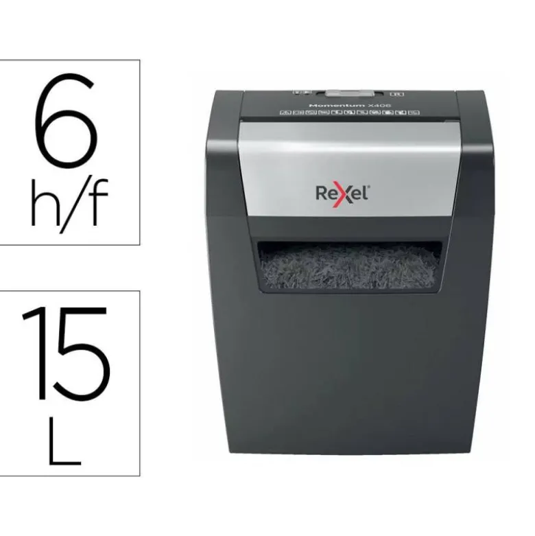 DESTRUCTORA DE DOCUMENTOS REXEL MOMENTUM X406 P4 CAPACIDAD DE CORTE 6 HOJAS DESTRUYE GRAPAS Y CLIPS