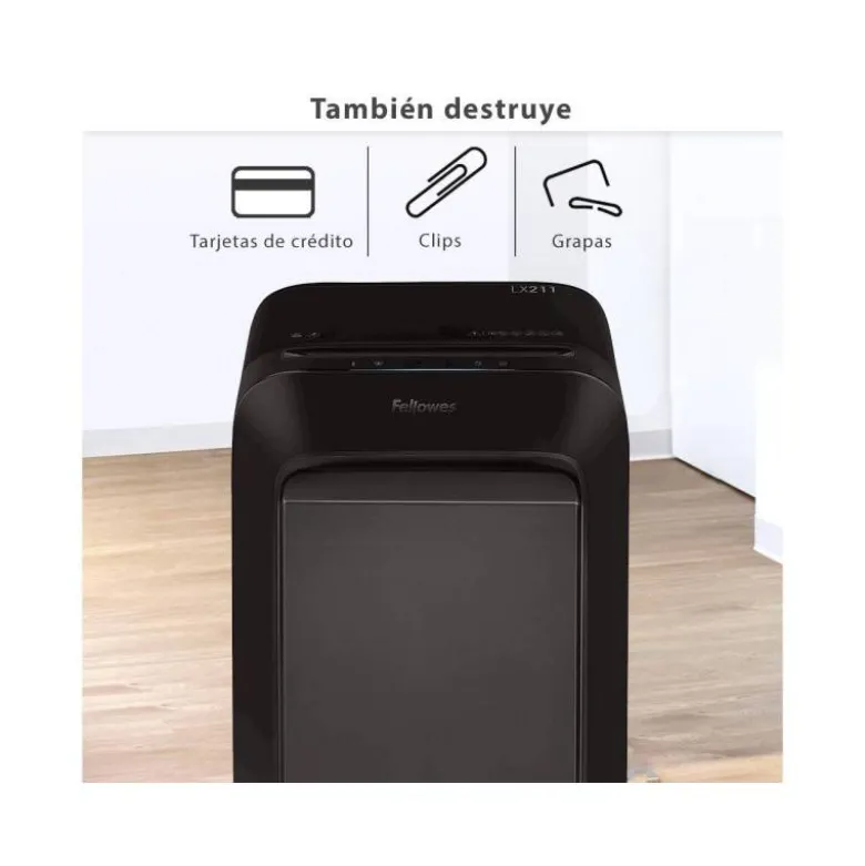 DESTRUCTORA DE DOCUMENTOS FELLOWES LX211 CAPACIDAD DE 12 HOJAS SEGURIDAD P5 NEGRA PAPELERA 23 L GRAPAS