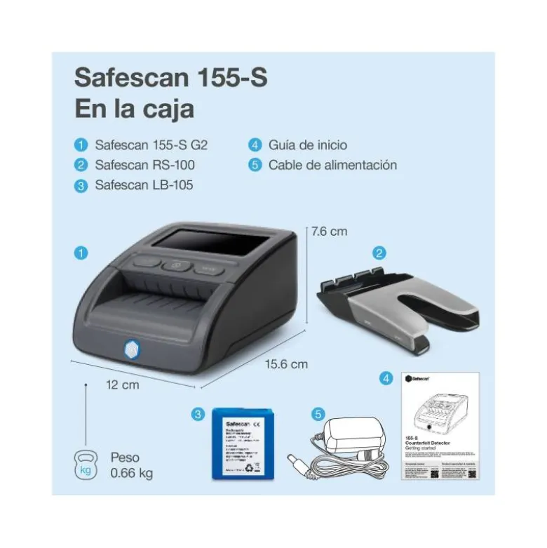 DETECTOR Y CONTADOR DE BILLETES FALSOS SAFECAN 155-S COMPLETE PANTALLA LCD 3,8" MICRO SD 156X120X76 MM