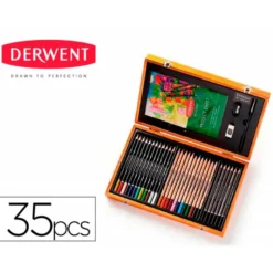 ESTUCHE DE PINTURA DERWENT ACADEMY MADERA LAPICES DE COLORES 35 PIEZAS