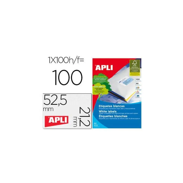 Etiqueta adhesiva Apli 52,5 x 21,2 mm para fotocopiadora laser ink-jet caja 100 hojas din a4