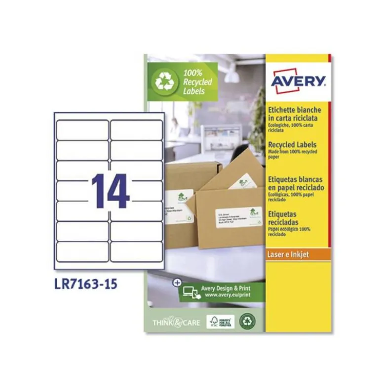 ETIQUETA ADHESIVA AVERY BLANCA PERMANENTE RECICLADA 100% PARA IMPRESORA LASER 99,1X38,1 MM CAJA DE 210