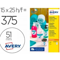 ETIQUETA ADHESIVA AVERY BLANCA REDONDA REMOVIBLE PARA IMPRESORA LASER INYECCION TINTA FOTOCOPIADORA 51 MM