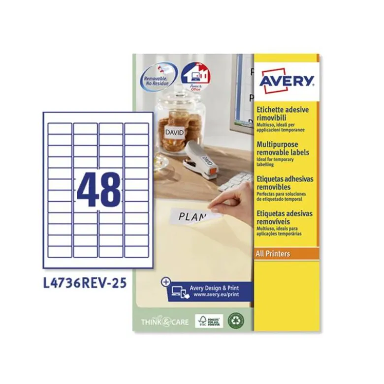 ETIQUETA ADHESIVA AVERY BLANCA REMOVIBLE PARA IMPRESORA LASER INKJET Y FOTOCOPIADORA 45,7X21,2 MM