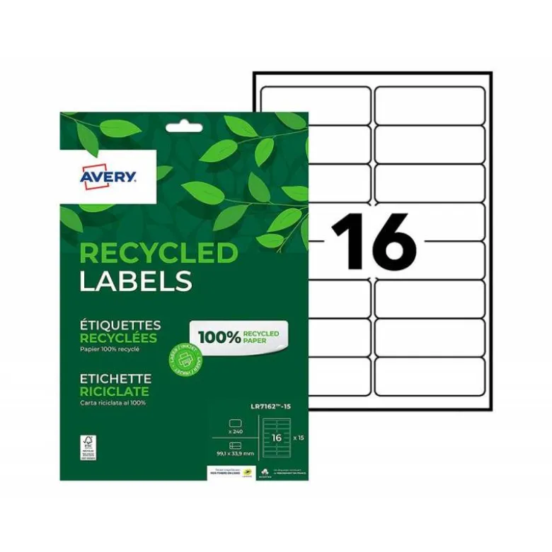 ETIQUETA ADHESIVA AVERY BLANCA PERMANENTE RECICLADA 100% PARA IMPRESORA LASER 99,1X33,9 MM CAJA DE 240