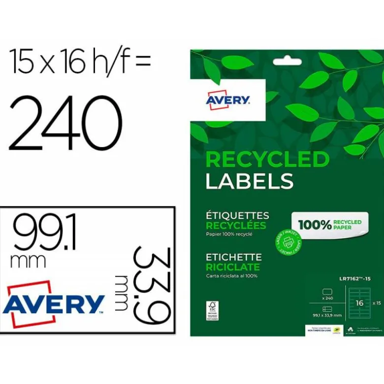 ETIQUETA ADHESIVA AVERY BLANCA PERMANENTE RECICLADA 100% PARA IMPRESORA LASER 99,1X33,9 MM CAJA DE 240