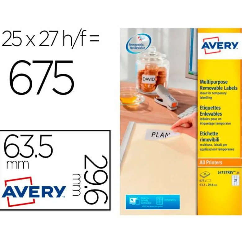 ETIQUETA ADHESIVA AVERY BLANCA REMOVIBLE PARA IMPRESORA LASER INKJET Y FOTOCOPIADORA 63,5X29,6 MM