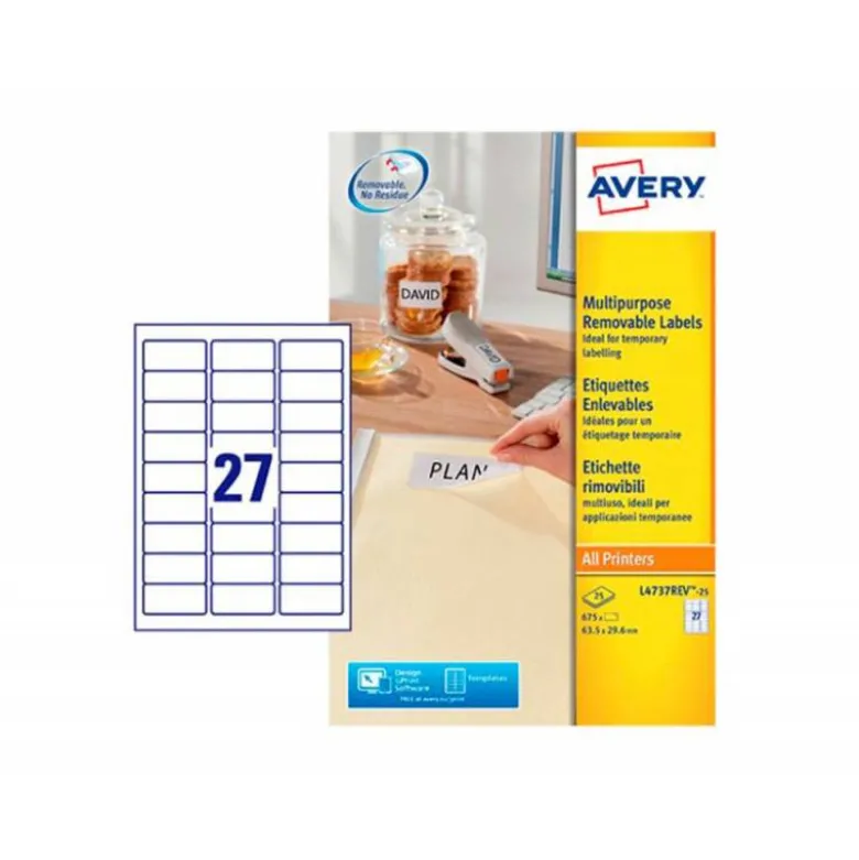 ETIQUETA ADHESIVA AVERY BLANCA REMOVIBLE PARA IMPRESORA LASER INKJET Y FOTOCOPIADORA 63,5X29,6 MM