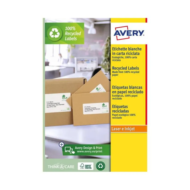 ETIQUETA ADHESIVA AVERY BLANCA PERMANENTE RECICLADA 100% PARA IMPRESORA LASER 63,5X38,1 MM CAJA DE 315