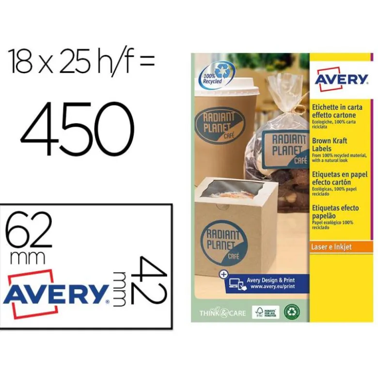 ETIQUETA ADHESIVA AVERY KRAFT EFECTO CARTON RECTANGULAR REMOVIBLE PARA IMPRESORA LASER INYECCION TINTA
