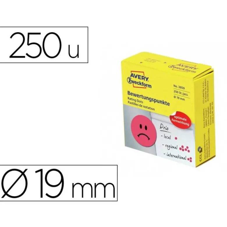 ETIQUETA ADHESIVA AVERY SMILE ROJO TRISTE 19 MM ROLLO DE 250 UNIDADES
