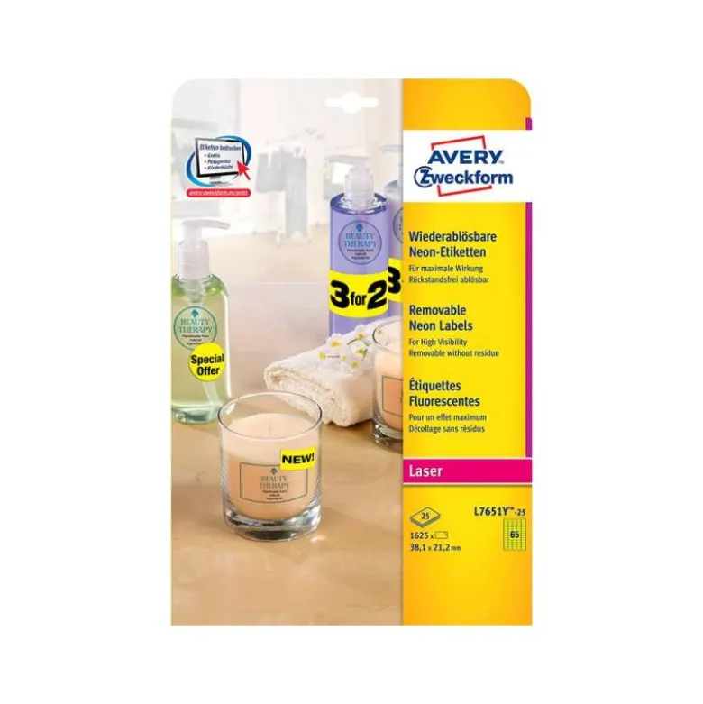 Etiqueta adhesiva Avery 38,1x21,2 mm Amarillo fluorescente Removible caja 1625 unidades