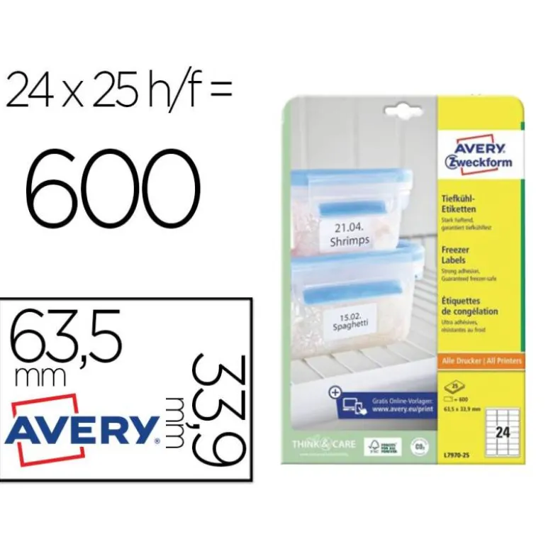 Etiqueta Adhesiva Avery 63,5x33,9 mm Color blanco Caja con 25 hojas