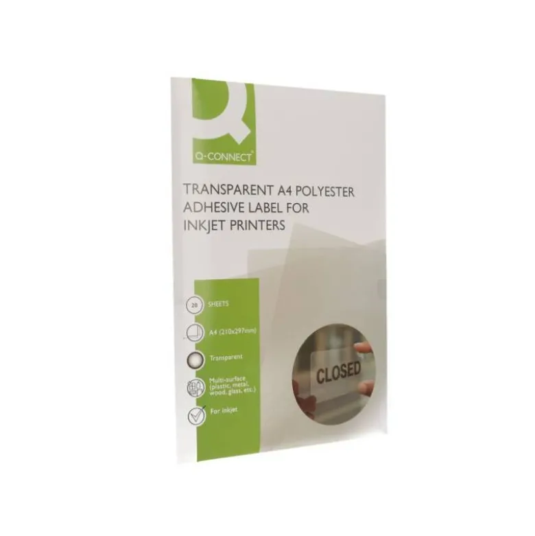 ETIQUETA ADHESIVA Q-CONNECT POLIESTER A4 TRANSPARENTE PARA IMPRESORAS INKJET PACK CON 20 HOJAS