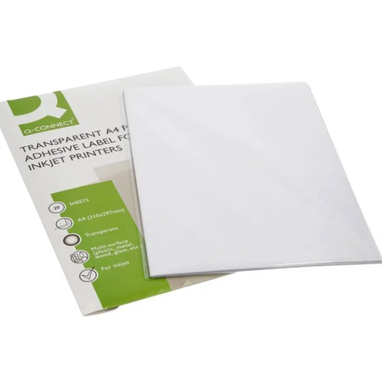 ETIQUETA ADHESIVA Q-CONNECT POLIESTER A4 TRANSPARENTE PARA IMPRESORAS INKJET PACK CON 20 HOJAS