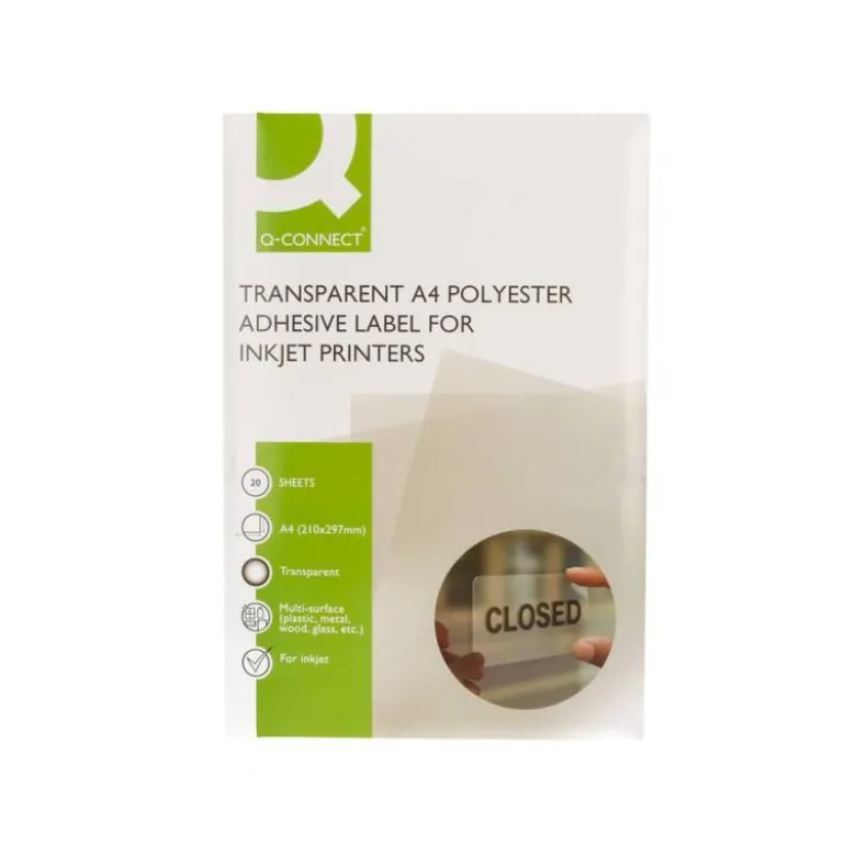 ETIQUETA ADHESIVA Q-CONNECT POLIESTER A4 TRANSPARENTE PARA IMPRESORAS INKJET PACK CON 20 HOJAS
