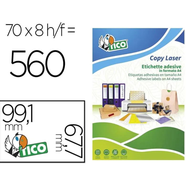 ETIQUETA ADHESIVA TICO AMARILLO FLUOR PERMANENTE FSC LASER/INKJET/FOTOCOPIA 99,1X 67,7 MM CAJA DE 560 UNIDADES
