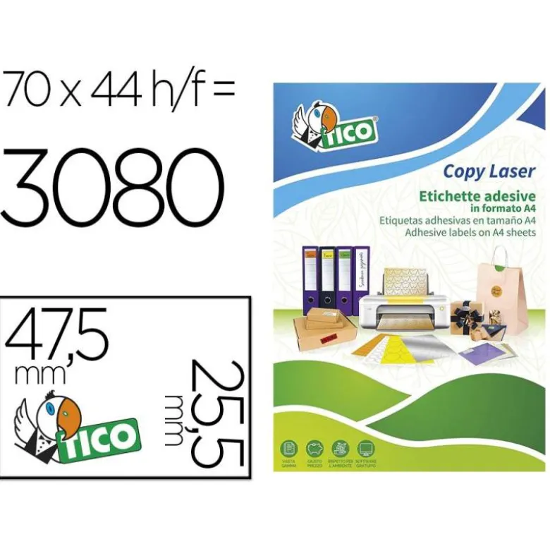 ETIQUETA ADHESIVA TICO NARANJA FLUOR PERMANENTE FSC LASER/INKJET/FOTOCOPIA 47,5X 25,5 MM CAJA DE 3080 UNIDADES