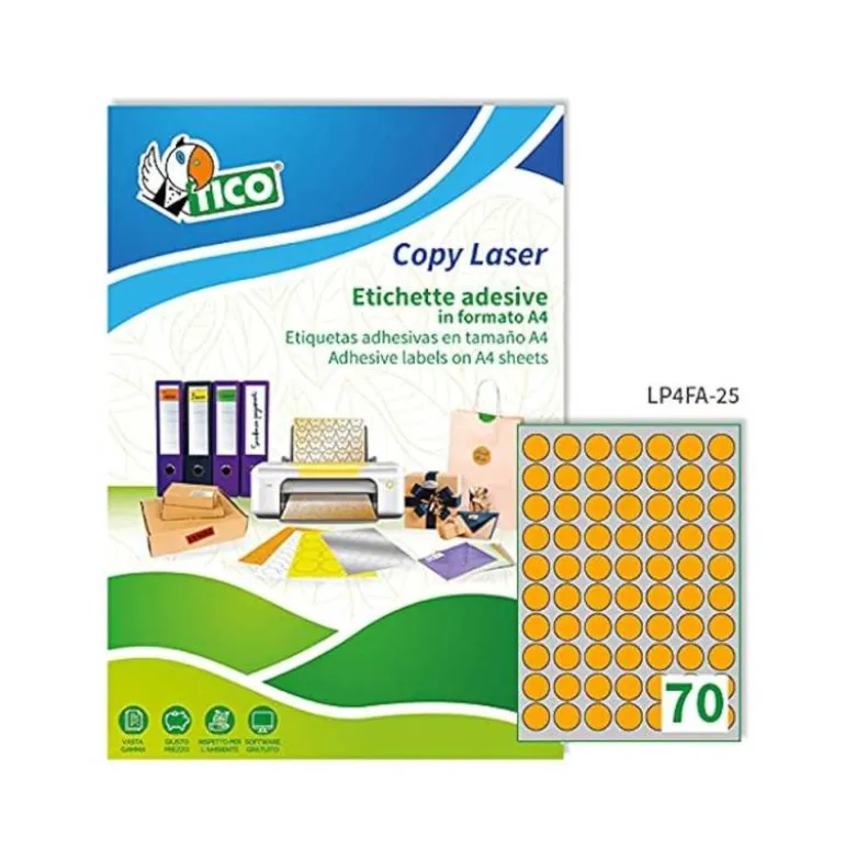 ETIQUETA ADHESIVA TICO NARANJA FLUOR PERMANENTE FSC LASER/ INKJET/FOTOCOPIA REDONDA 25 MM CAJA DE 4900 UNIDADES