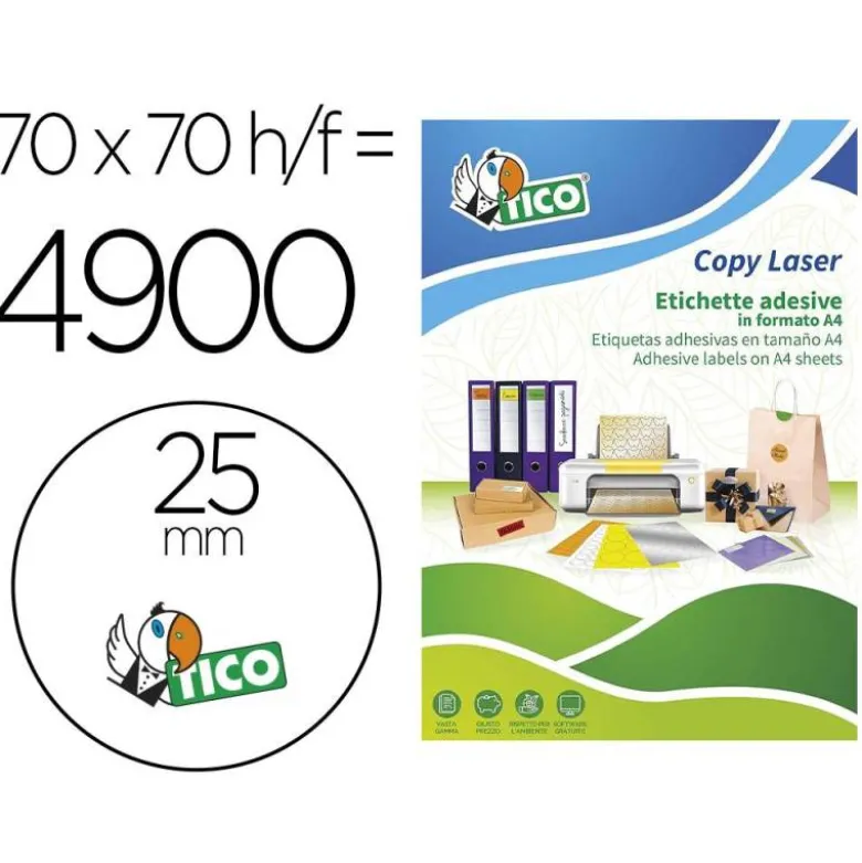 ETIQUETA ADHESIVA TICO NARANJA FLUOR PERMANENTE FSC LASER/ INKJET/FOTOCOPIA REDONDA 25 MM CAJA DE 4900 UNIDADES