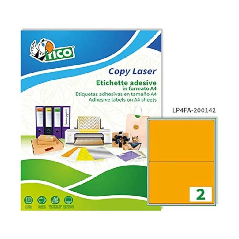 ETIQUETA ADHESIVA TICO NARANJA FLUOR PERMANENTE FSC LASER/INKJET/FOTOCOPIA 210X297 MM CAJA DE 70 UNIDADES