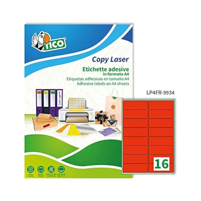 ETIQUETA ADHESIVA TICO ROJO FLUOR PERMANENTE FSC LASER/ INKJET/FOTOCOPIA 99,1X34 MM CAJA DE 1120 UNIDADES
