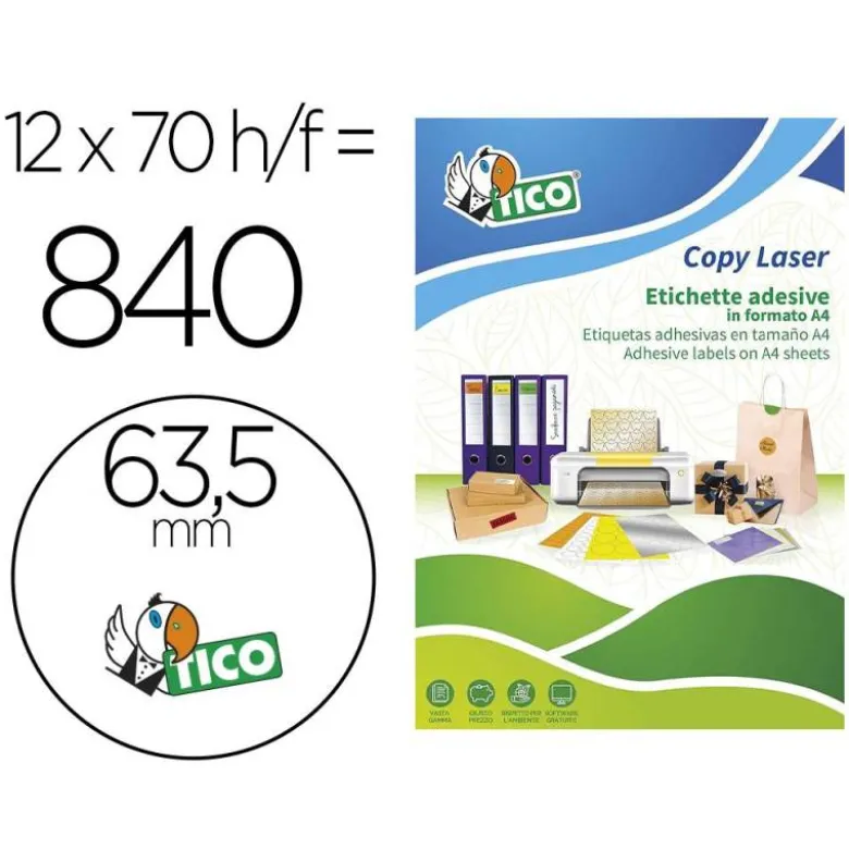 ETIQUETA ADHESIVA TICO VERDE FLUOR PERMANENTE FSC LASER/ INKJET/FOTOCOPIA REDONDA 63,5 MM CAJA DE 840 UNIDADES