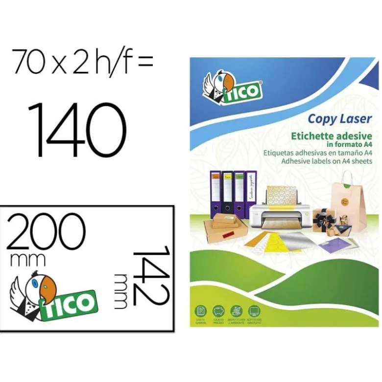 ETIQUETA ADHESIVA TICO VERDE FLUOR PERMANENTE FSC LASER/ INKJET/FOTOCOPIA 200X142 MM CAJA DE 140 UNIDADES