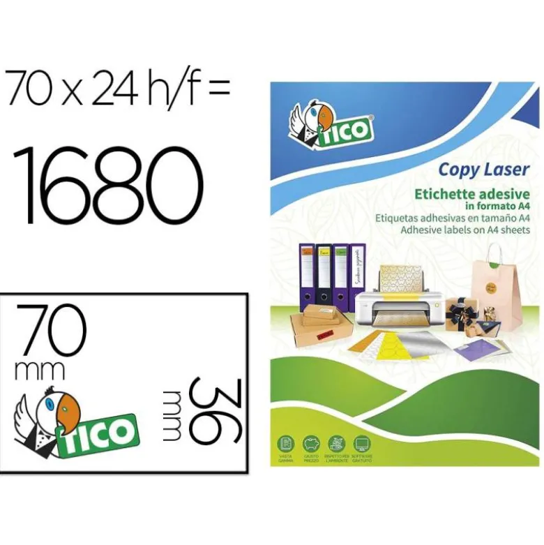 ETIQUETA ADHESIVA TICO VERDE FLUOR PERMANENTE FSC LASER/ INKJET/FOTOCOPIA 70X36 MM CAJA DE 1680 UNIDADES