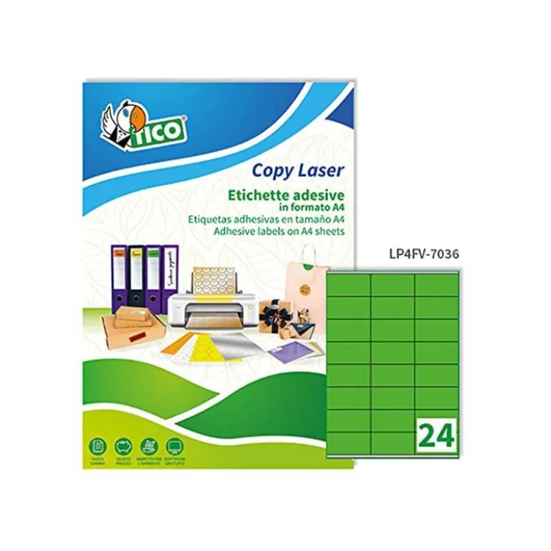 ETIQUETA ADHESIVA TICO VERDE FLUOR PERMANENTE FSC LASER/ INKJET/FOTOCOPIA 70X36 MM CAJA DE 1680 UNIDADES