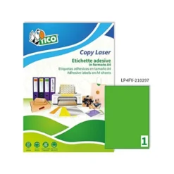 ETIQUETA ADHESIVA TICO VERDE FLUOR PERMANENTE FSC LASER/ INKJET/FOTOCOPIA 210X297 MM CAJA DE 70 UNIDADES