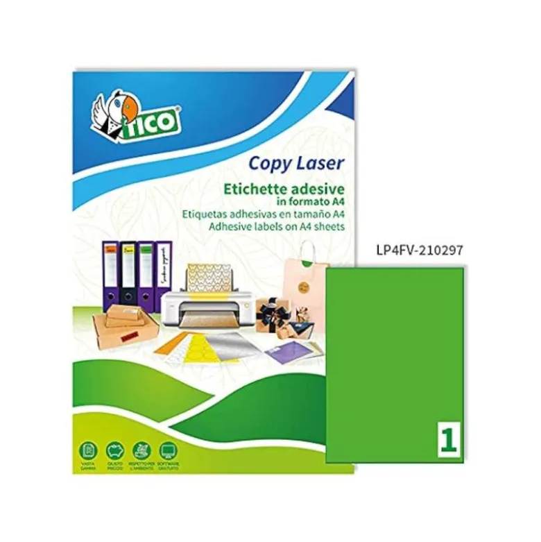 ETIQUETA ADHESIVA TICO VERDE FLUOR PERMANENTE FSC LASER/ INKJET/FOTOCOPIA 210X297 MM CAJA DE 70 UNIDADES