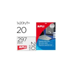 Etiqueta adhesiva marca Apli 10071 metalizada 210x297 mm caja 20 hojas con 20