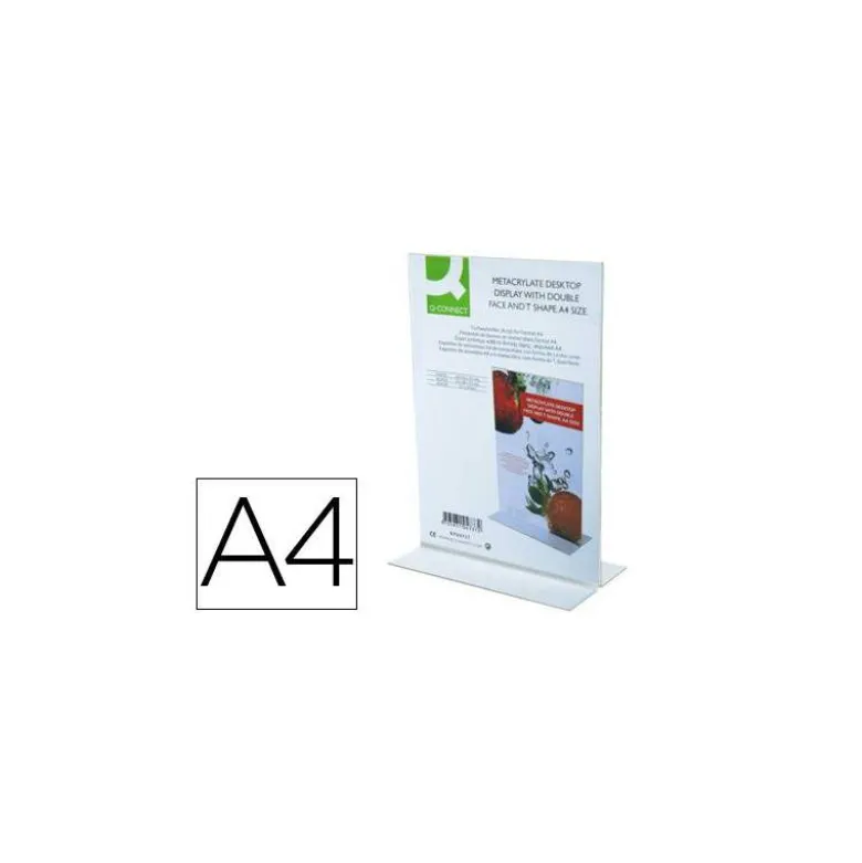 Expositor de sobremesa Q-Connect de metacrilato con forma de T . Tamaño A4 a dos caras.