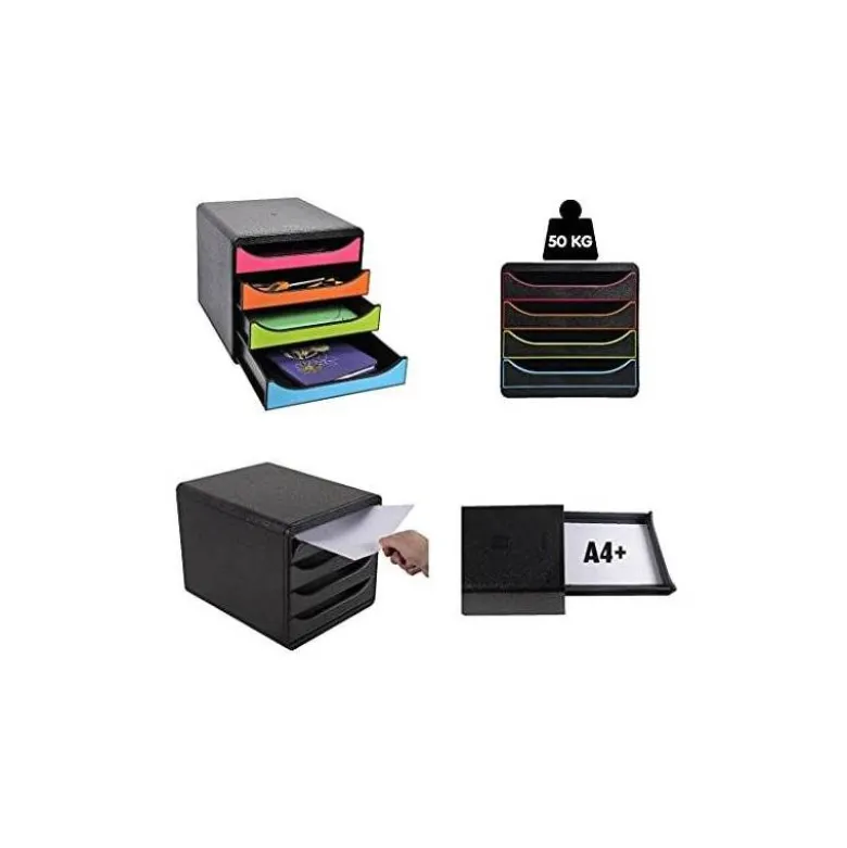 FICHERO DE CAJONES SOBREMESA EXACOMPTA BIG-BOX AQUAREL NEGRO 4 CAJONES COLORES PASTEL GLOSSY
