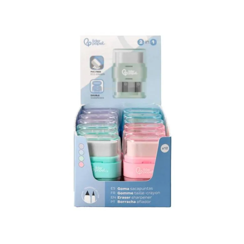 GOMA DE BORRAR LIDERPAPEL RECTANGULAR CON PROTECTOR PLASTICO SACAPUNTAS 2 USOS COLORES SURTIDOS