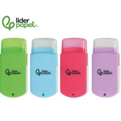 GOMA LIDERPAPEL RECTANGULAR CON PROTECTOR PLASTICO SACAPUNTAS 2 USOS Y CEPILLO COLORES SURTIDOS