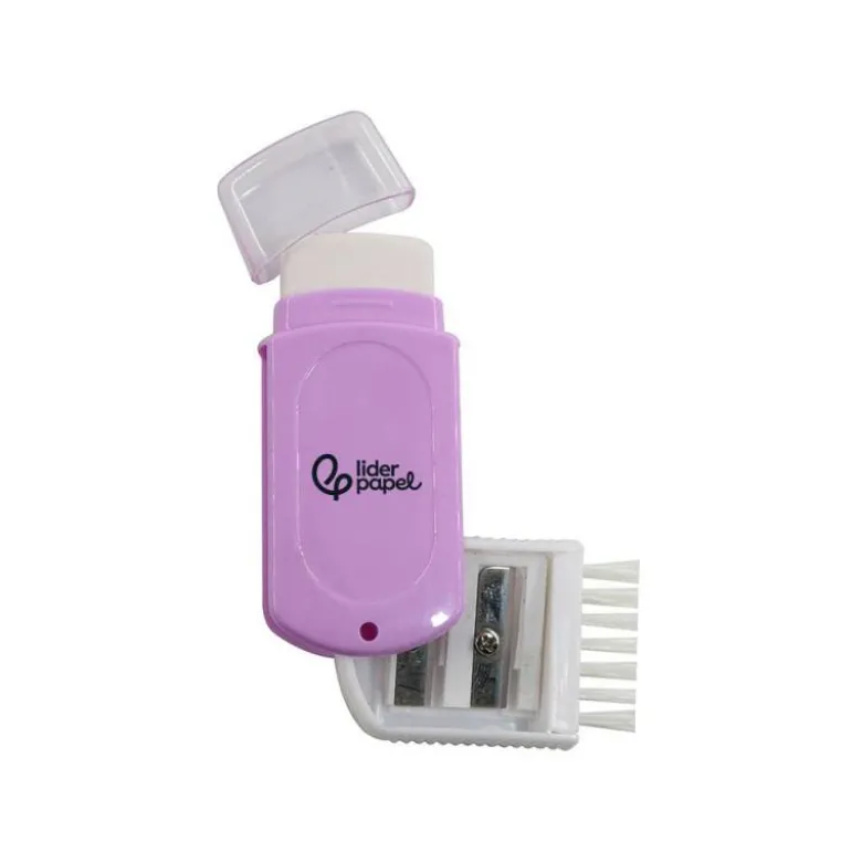 GOMA LIDERPAPEL RECTANGULAR CON PROTECTOR PLASTICO SACAPUNTAS 2 USOS Y CEPILLO COLORES SURTIDOS