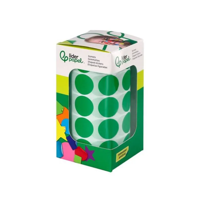 GOMETS LIDERPAPEL AUTOADHESIVO S CIRCULOS 20 MM VERDE ROLLO DE 2000 UNIDADES EN CAJA DE CARTON
