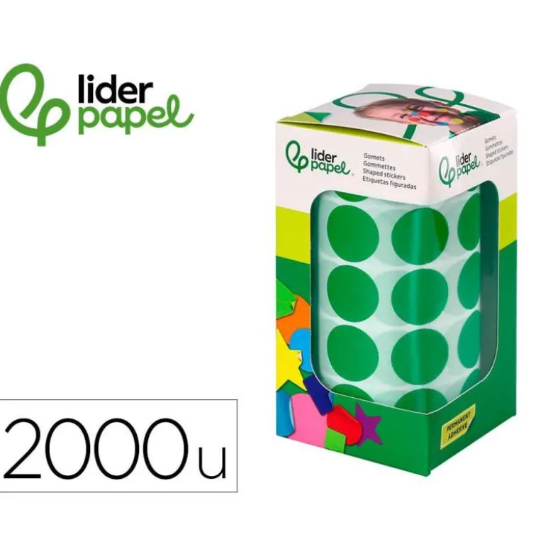 GOMETS LIDERPAPEL AUTOADHESIVO S CIRCULOS 20 MM VERDE ROLLO DE 2000 UNIDADES EN CAJA DE CARTON