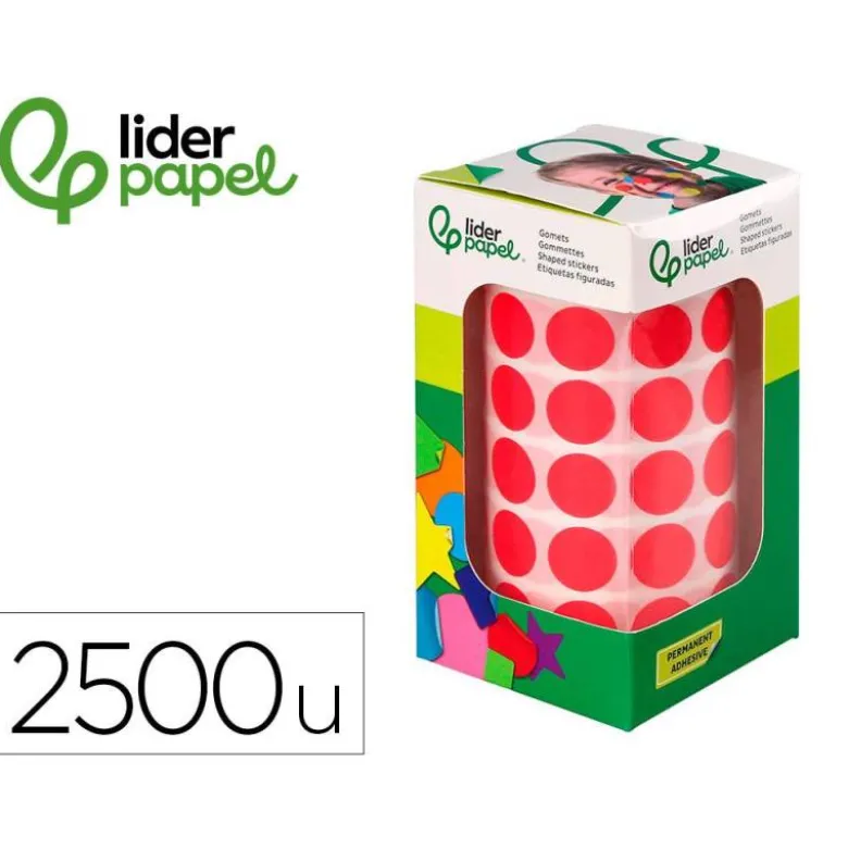 GOMETS LIDERPAPEL AUTOADHESIVO S CIRCULOS 15 MM ROJO ROLLO DE 2500 UNIDADES EN CAJA DE CARTON